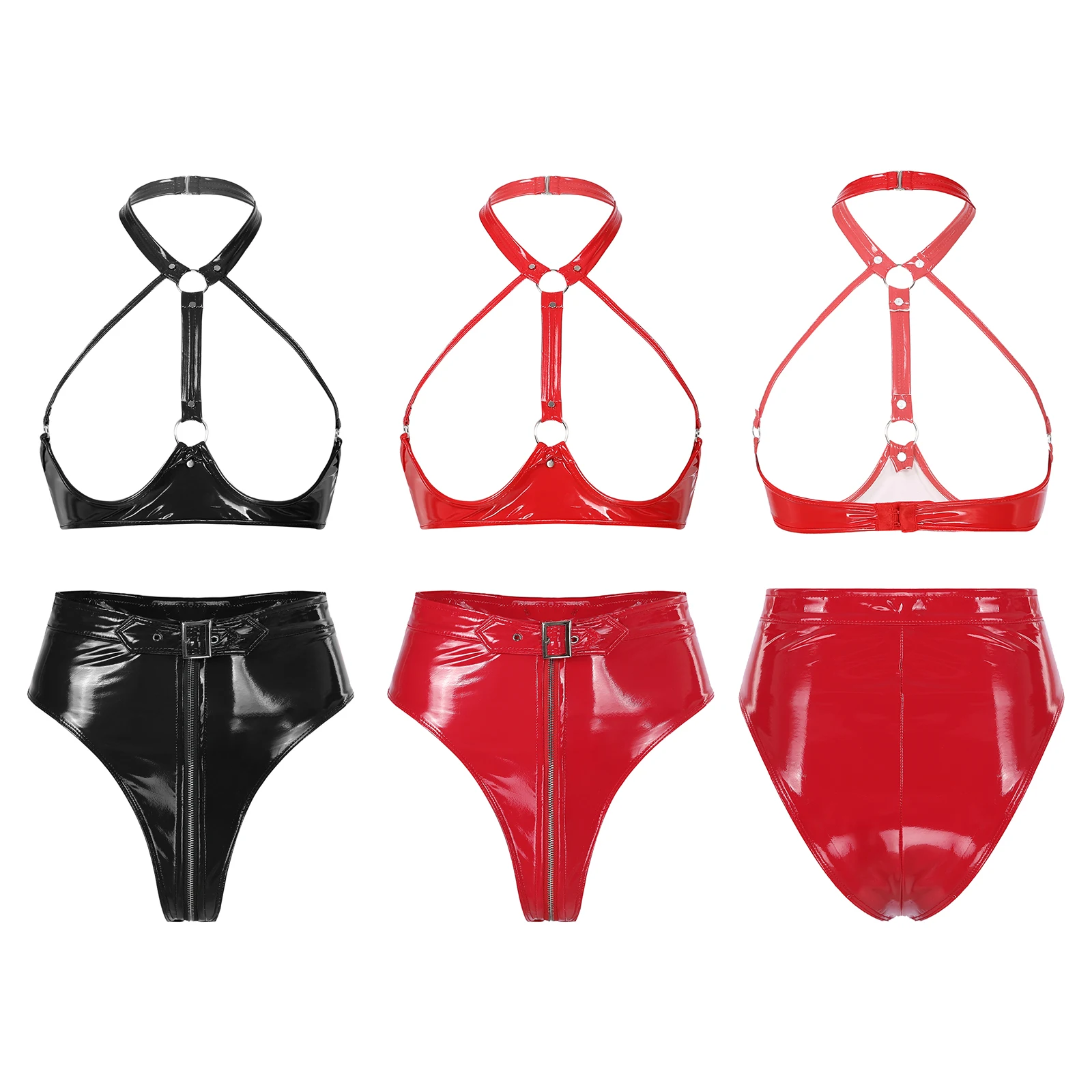Women Erotic Lingerie Set Wet Look Patent Leather Halter Open Bust Wire-free Backless Bra Top with High Cut Front Zipper Briefs