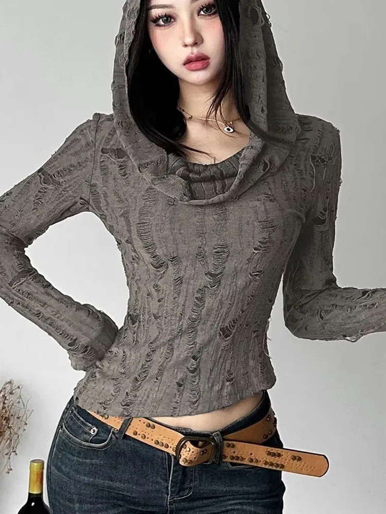 Women Sexy Hot Girl Wasteland Style Hooded T-shirt Autumn New Slim Niche Unique Design Sense Ladies Top