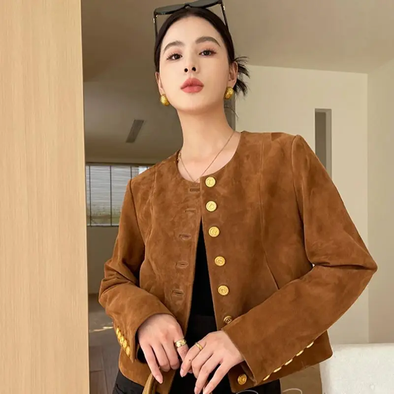 New Genuine Sheep Suede Biker Jackets Women Autumn Winter Real Leather Bomber Coat Turn-Down Collar Casual Outerwear