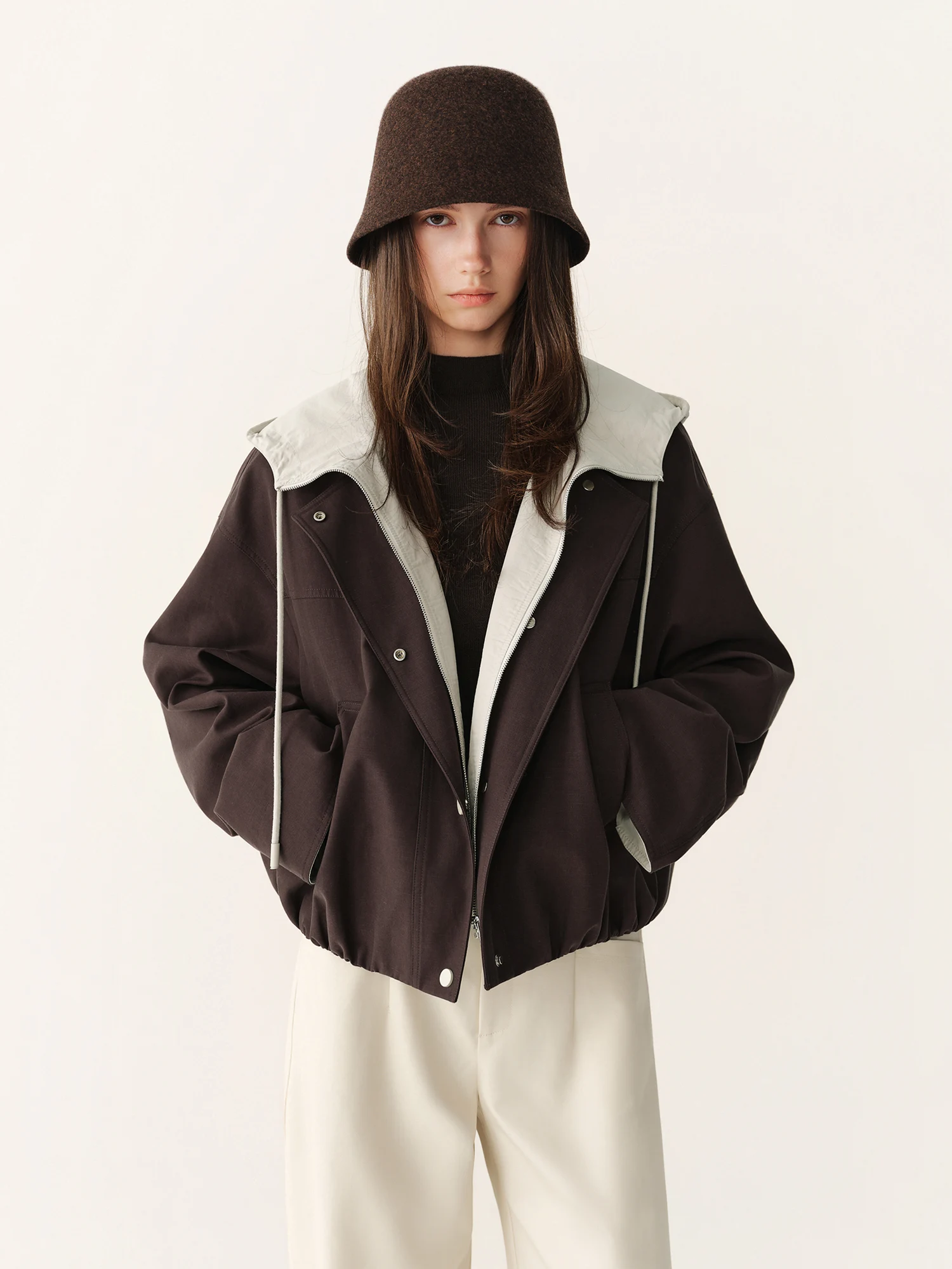 FSLE 2026 Autumn New Arrival Women Color Block Drawstring Hooded Short Jacket Cotton Utility Cropped Coat Streetwear Chic Style