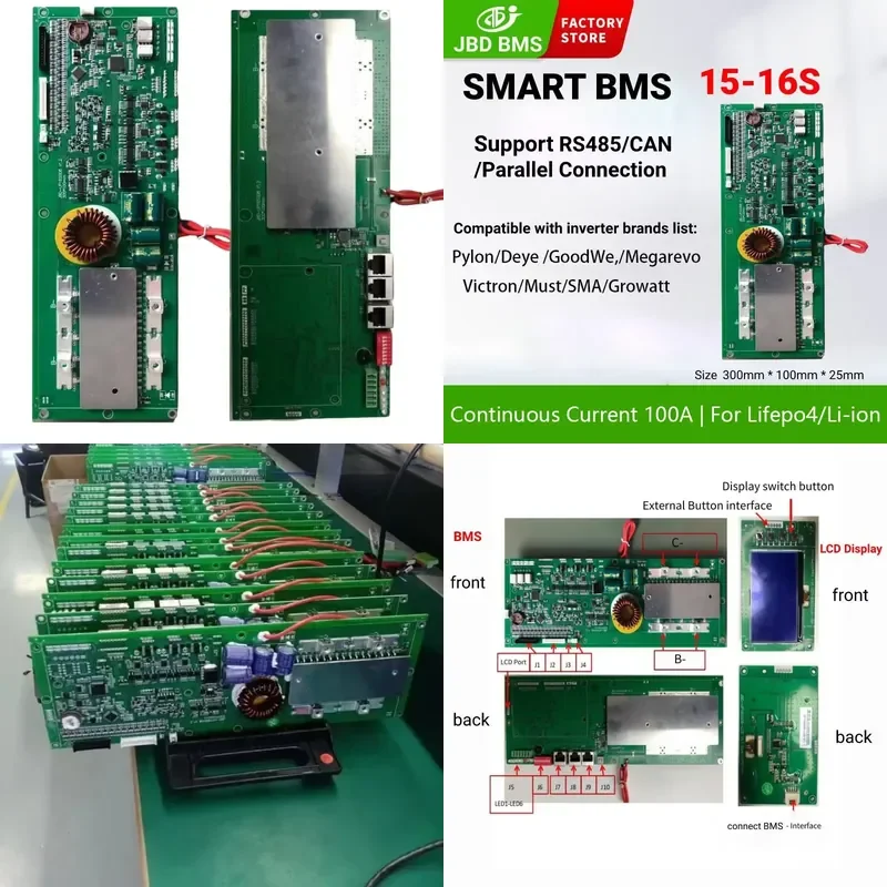 JiaBaiDa ESS Smart BMS 15s Li-ion LiFePO4 16s 48V 100A Energy Storage LiFePO4 Battery BMS RS485/CAN/Buzzer/LCD