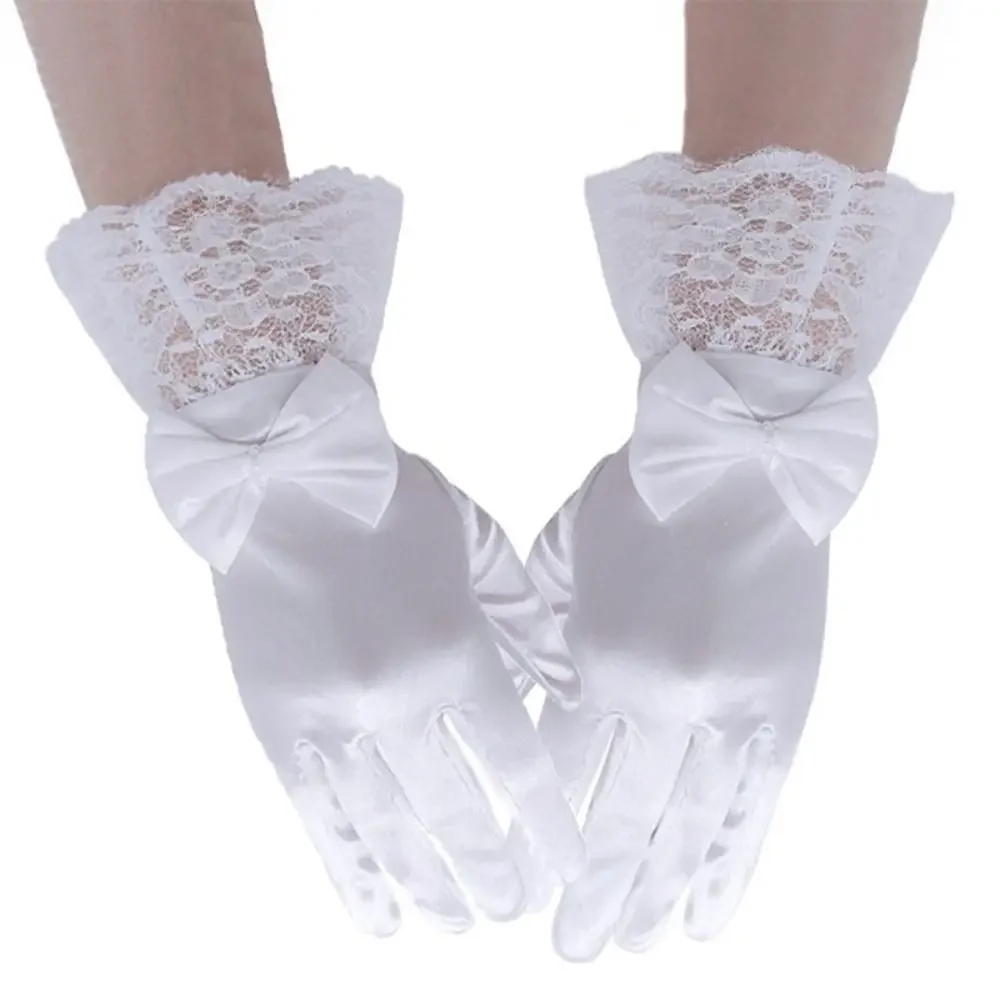 

Creative White Children's Wedding Gloves Bow Knot Short Etiquette Dress Gloves Glossy Satin Elastic Dance Gloves Holiday
