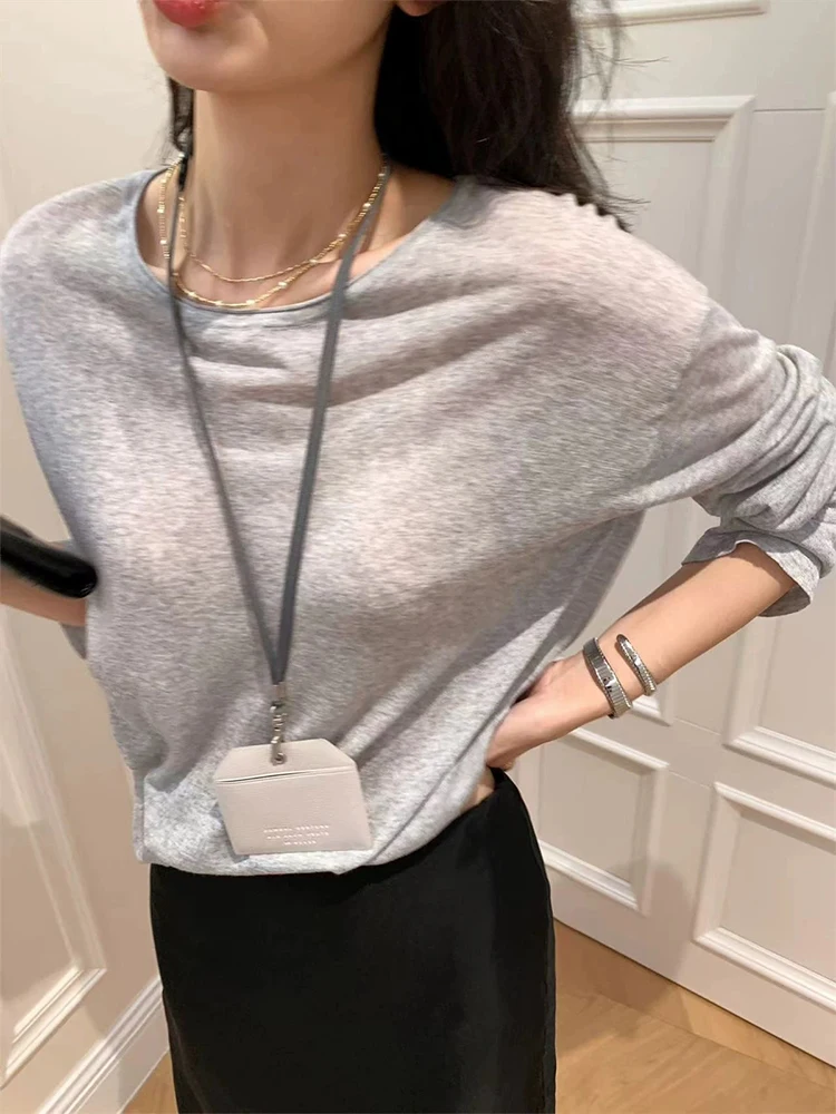 Summer Women\'s Long Sleeve Knit T-shirt Ultra Thin Sun Protection Micro Transparent Round Neck Top 100% Lyocell Striped Jumper