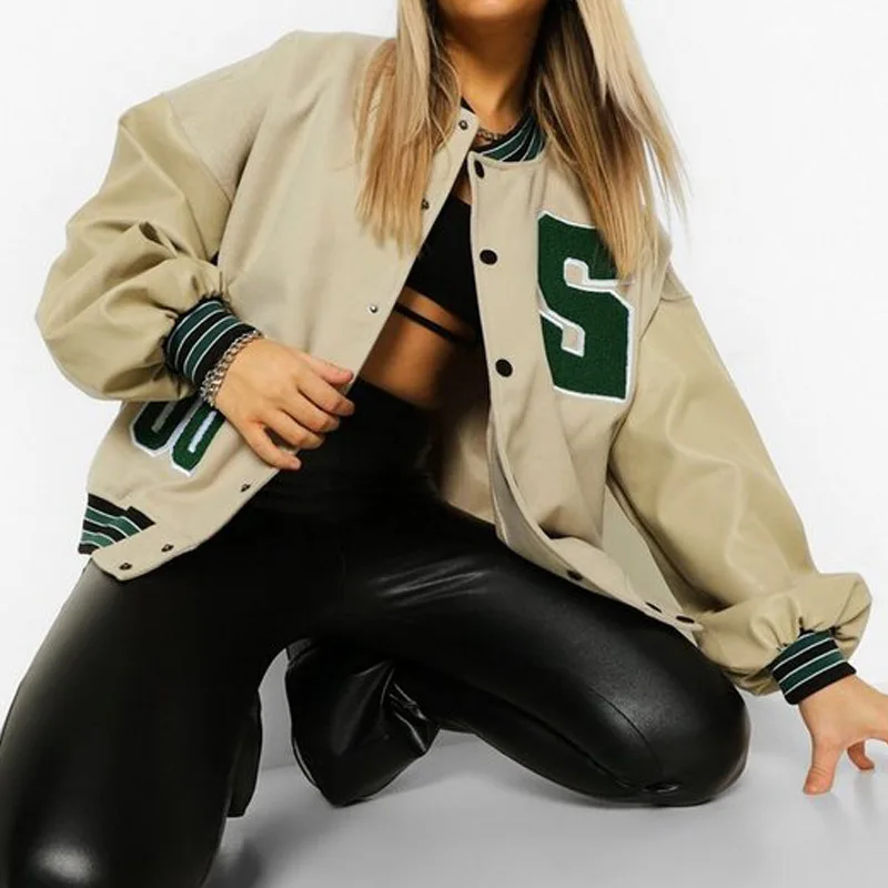 Women Baseball Jacket Autumn and Winter New Hip-hop Fleece Padded Uniforms Street Casual female Coat Loose Stitching Tops 2022