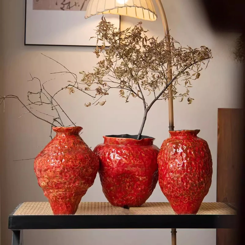 Wabi Sabi Retro Jingdezhen Ceramic Vase  Dual Use Flower Vase for Fresh or Dried Flowers Zen Tabletop Decor Chunky Pot
