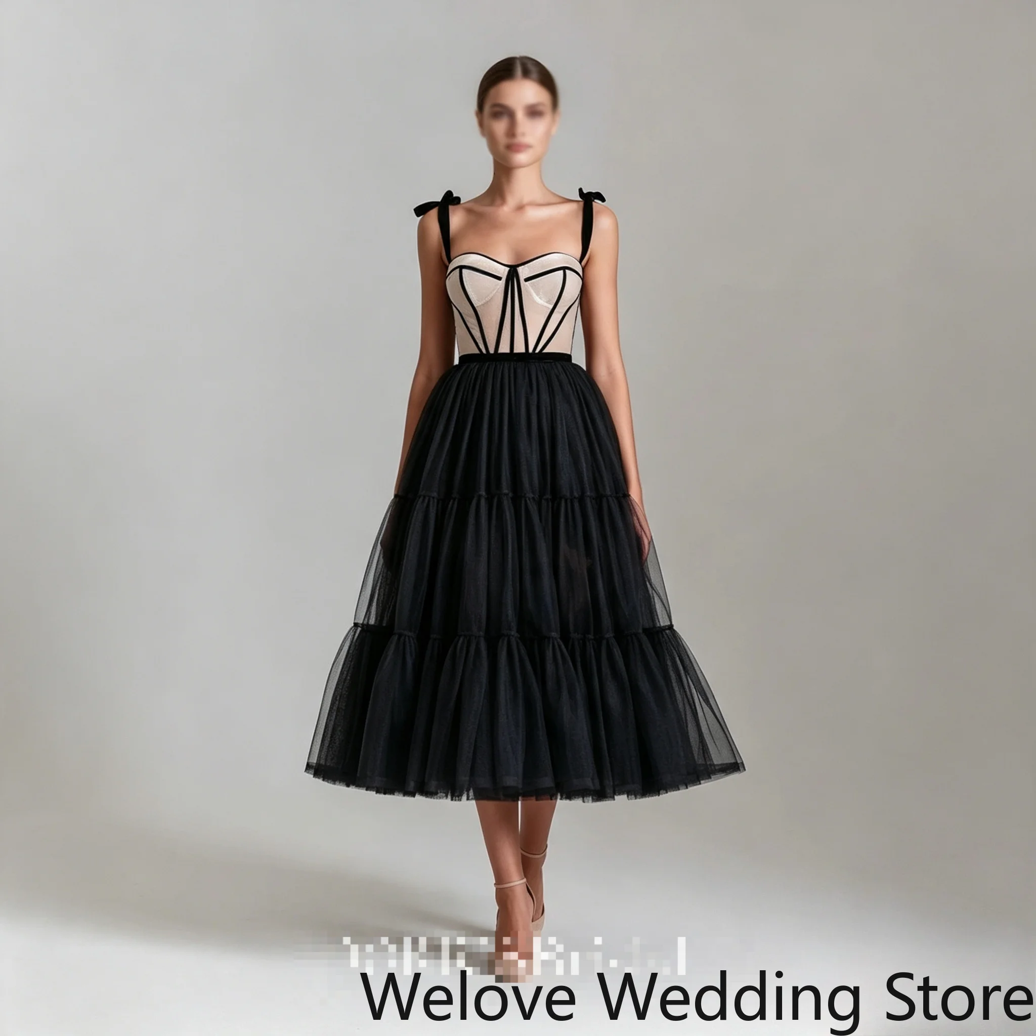 Vintage Black Midi Evening Dress Sweetheart Neck Contrast Nude Corset Bodice Bow‑Tied Shoulder Straps High Waist Multi‑Layer