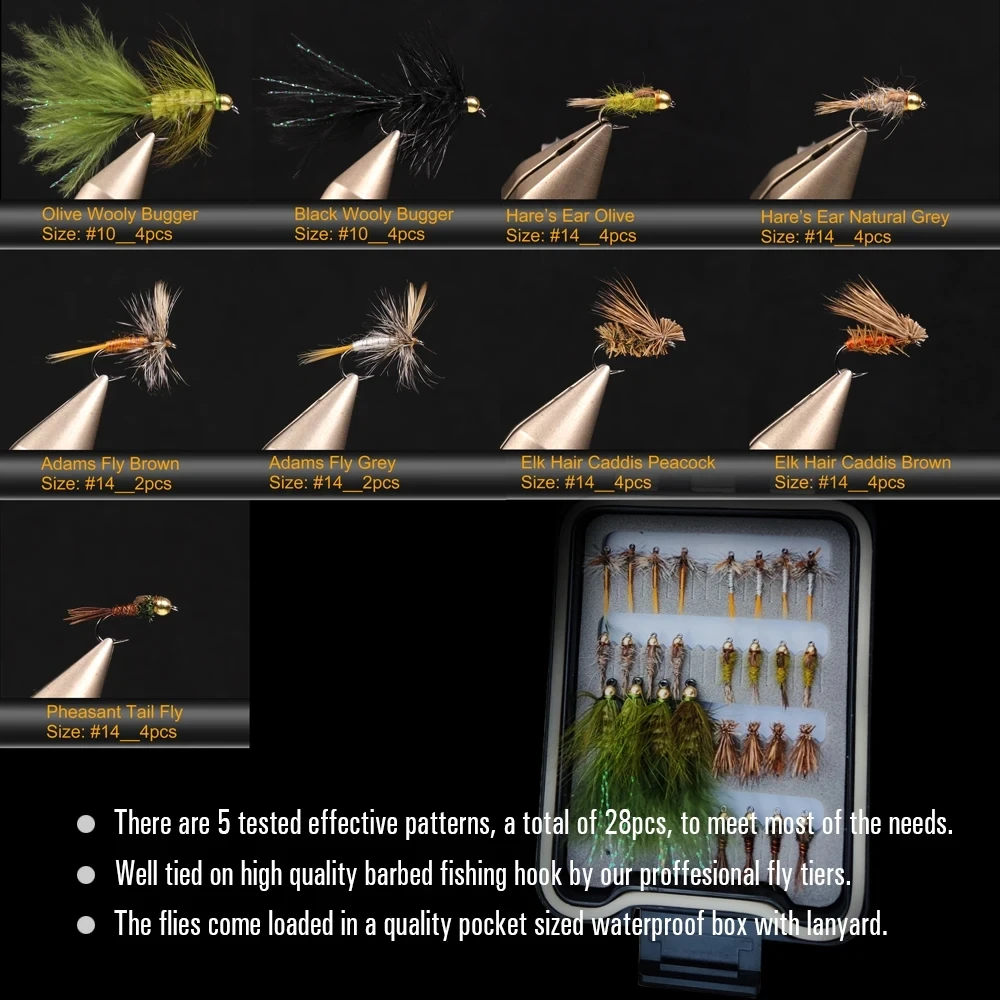 28-teiliges Fliegen-Set mit Wasserdichter Box, Adams Dry Fly, Hare's Ear Nymph, Elk Hair Caddis' Fly, Woolly Bugger, Streamer Forellen-Angelköder – Detail 5