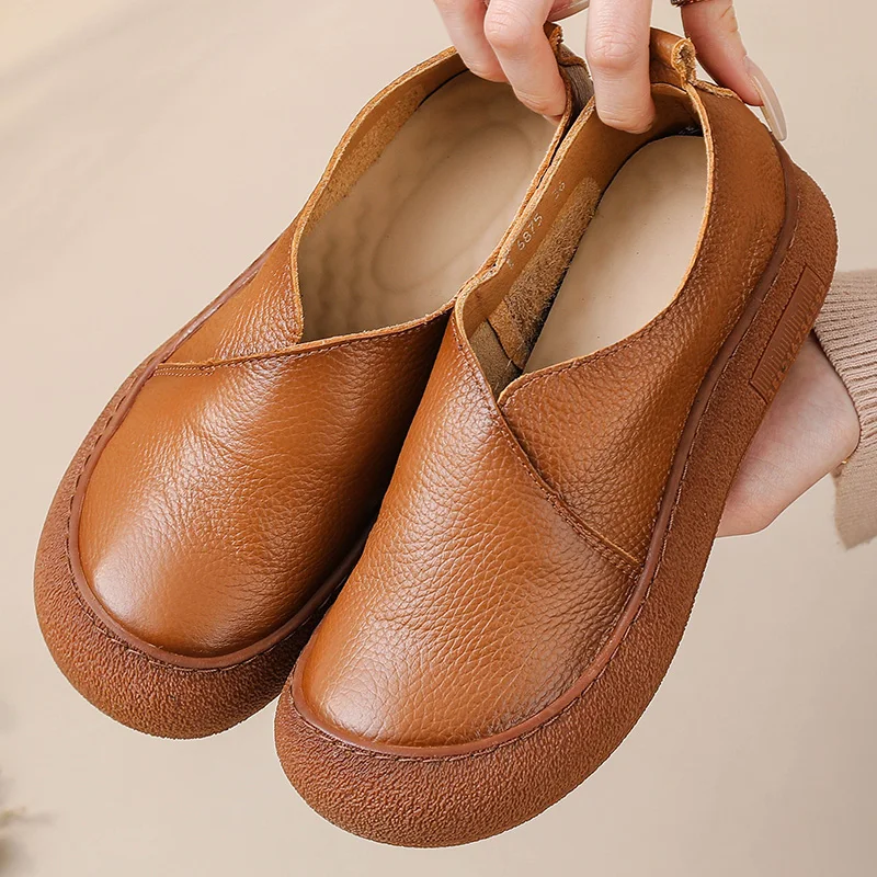 Original Natural Leather Shoes for Women Vintage Comfort Round Toe V Cut Flats Woman Slip On Orthopedic Loafers Ladies Moccasins