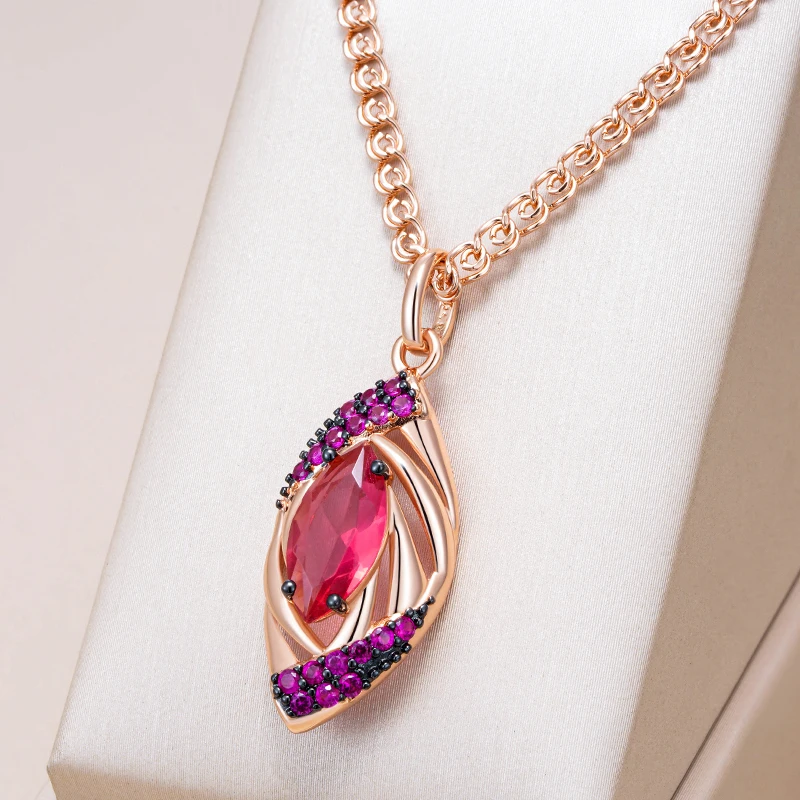 Kinel Hot Shiny Red Natural Zircon Pendant Necklace For Women 585 Rose Gold and Black Plating Daily Fine Vintage Pendant Jewelry