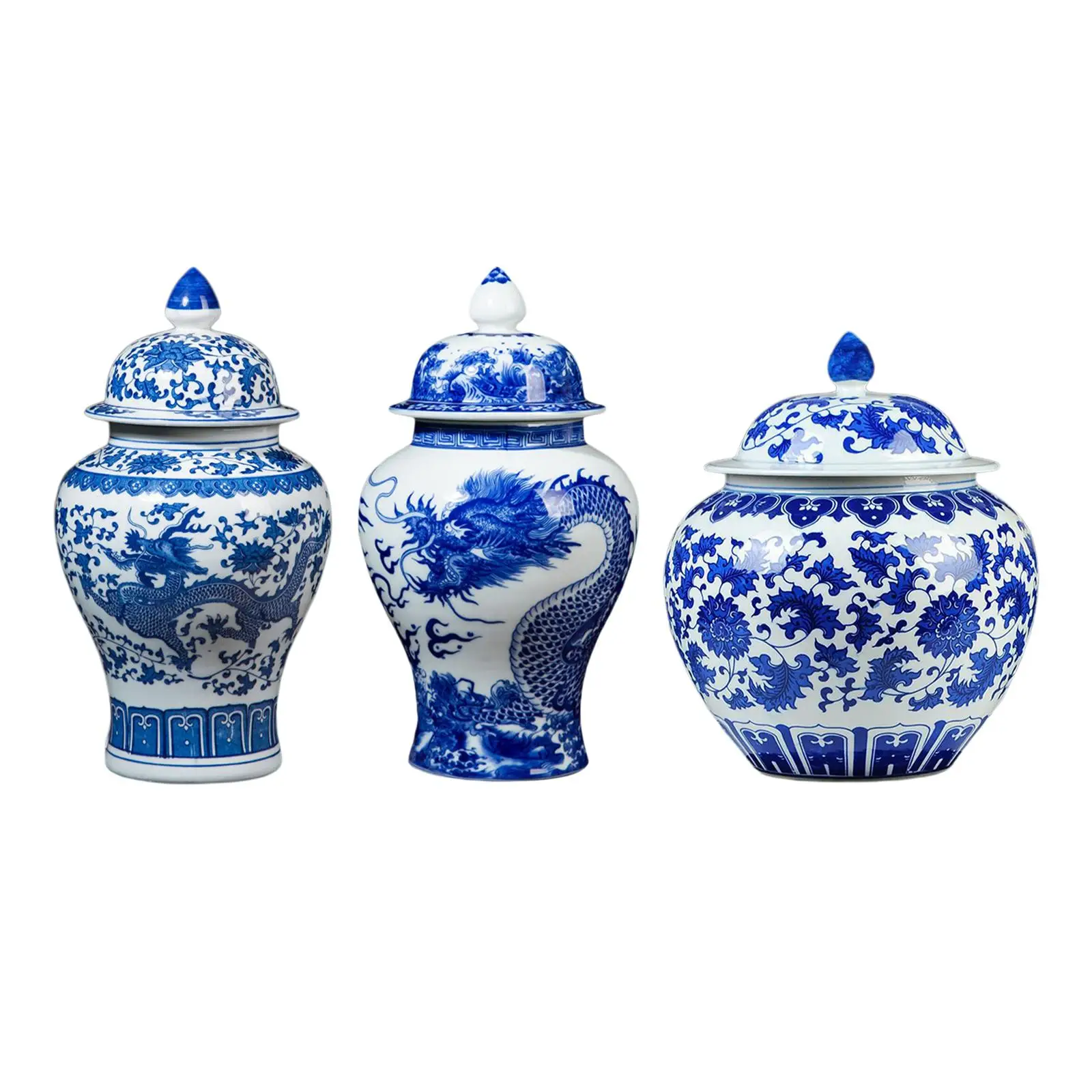 Chinese Porcelain Ginger Jar Temple Jar Storage Handicraft with Lid Desk Ceramic