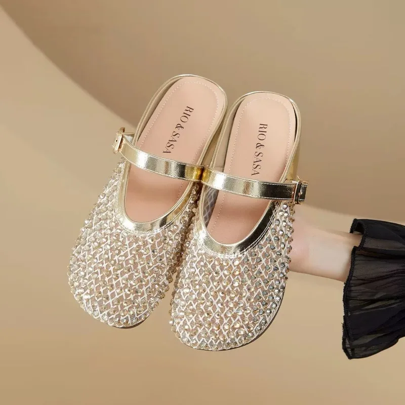 Women Slippers Summer New Mesh Hollow Crystal Comfortable Low Heel Sandals Fashion Round Toe Closed Toe Designer Female Shoes