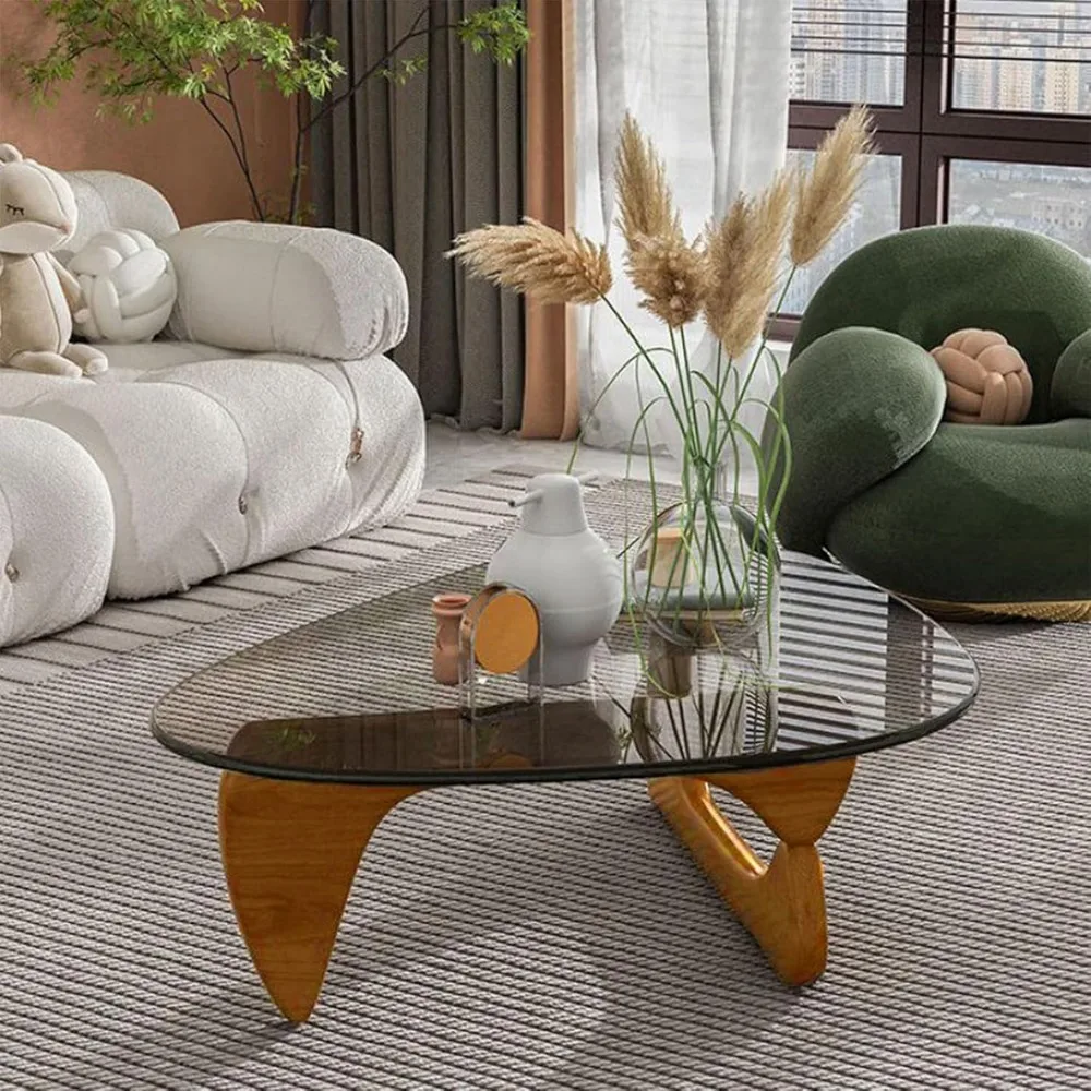 Coffee Tables for Living Room - Triangle Glass Coffee Table with Wooden Base Mid-Century Modern Abstract End Table for Study Roo