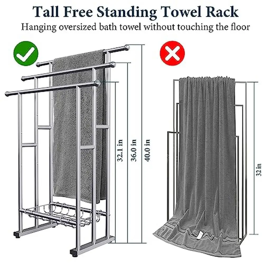 3 Tier Towel Rack with Storage Basket Freestanding Bathroom Drying & Display Rack Anti-slip Foot Pads Quick Dry & No Odor