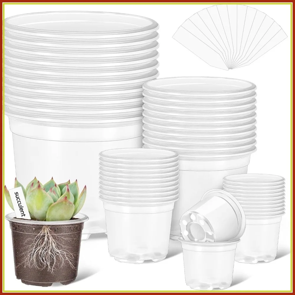 40 Pack Clear Nursery Pots with Drainage Holes & Plant Labels, 5/4/3/2.75 Inch Variety Set for Seedlings
