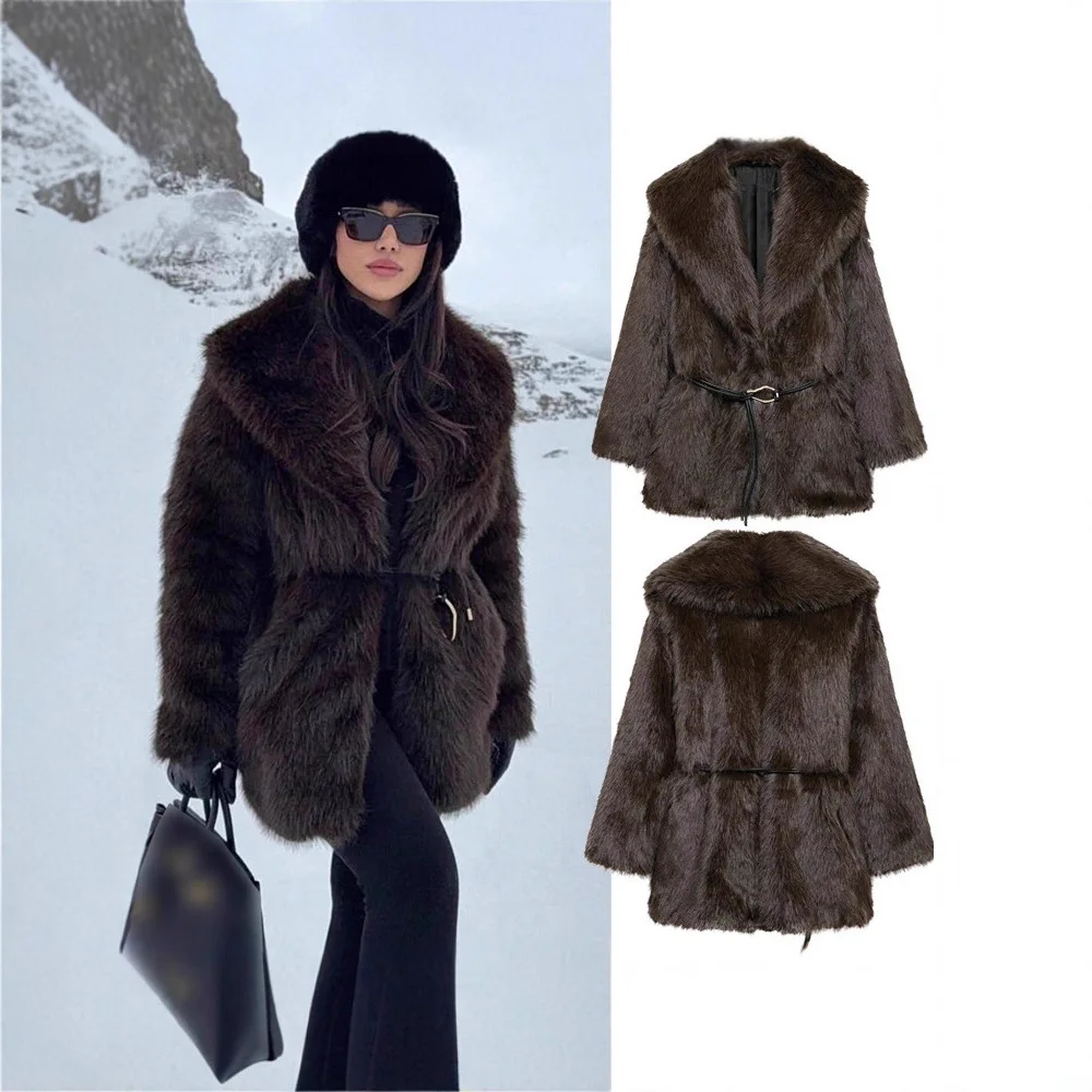 Women Fashion Retro Brown Faux Fur Coat Wide Lapel Thick Warm Mid Length Outerwear 2026 Autumn Winter Formal Dinner Outfit