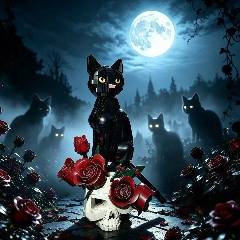 1576 particle style black cat assembly building blocks, skull vase with red rose bouquet, creative desktop art decoration collec view 4