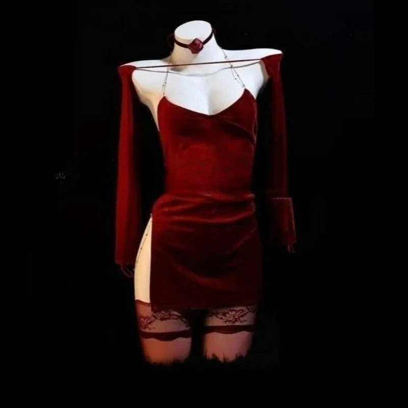 Sexy Rose Red Dress Women High Slit Velvet Nightdress Goddess Cosplay Costume Bodycon Nightdress Backless See Through Underwear view 2