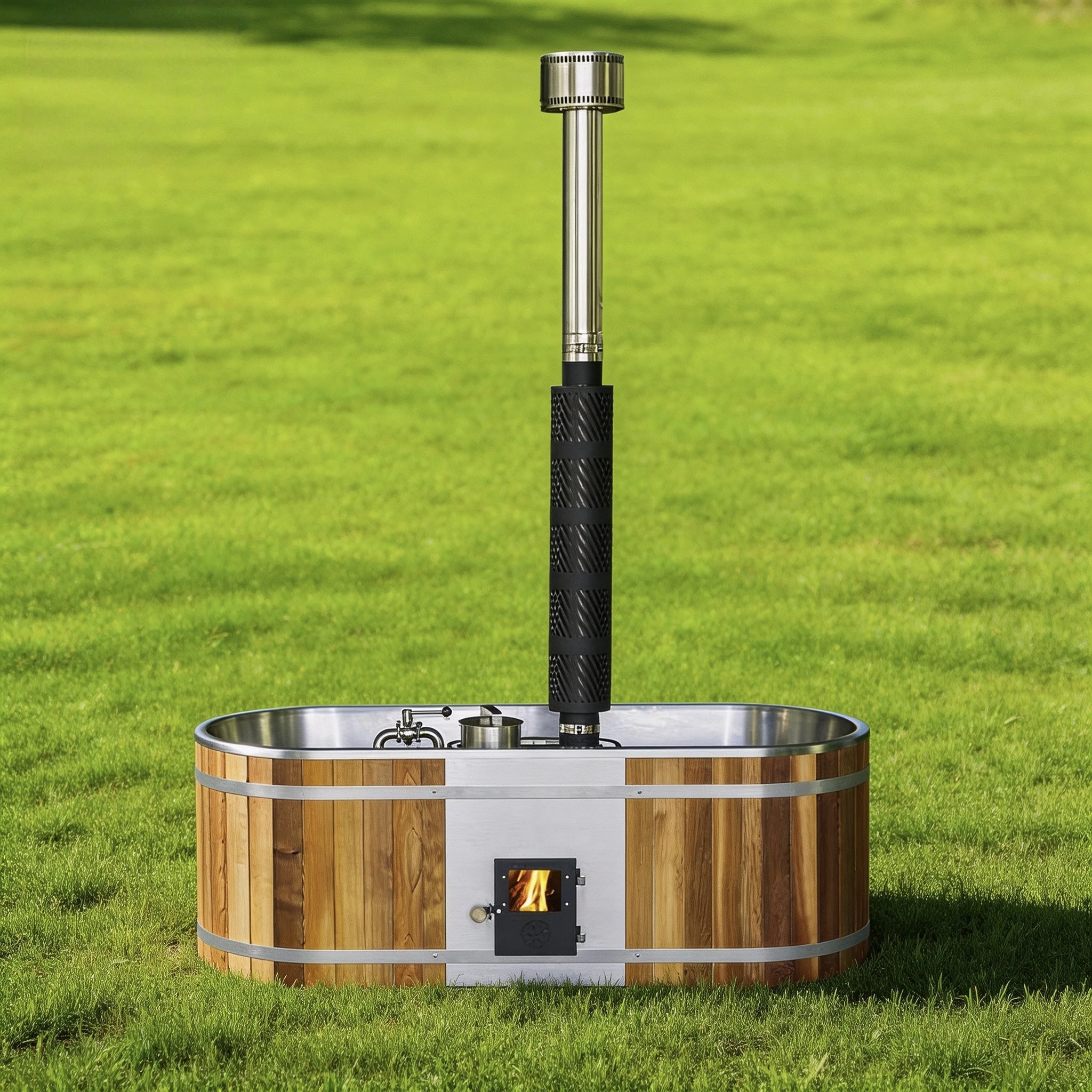Freestanding 304Stainless Steel Hot Tub with Red Cedar Surface Outdoor Use 3-5 Person