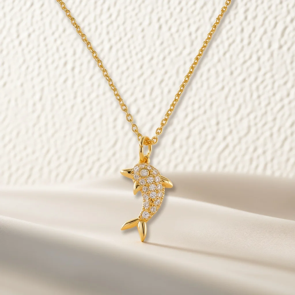 Vivid Dolphin Shape Pendant Necklace Fully Micro Paved Zircon Ocean Themed Jewelry Birthday Holiday Surprise Presents for Ladies