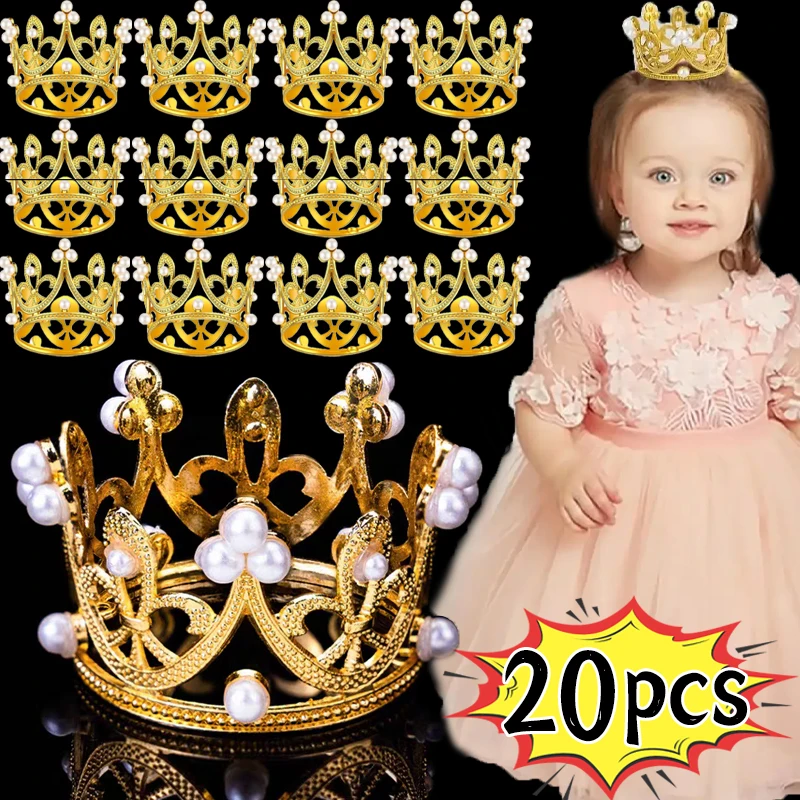 1/20pcs Mini Pearl Crown Kids Girls Hair Clips Pins DIY Gold Silver Headwears Ornaments Cupcake Topper Decoration Birthday Party