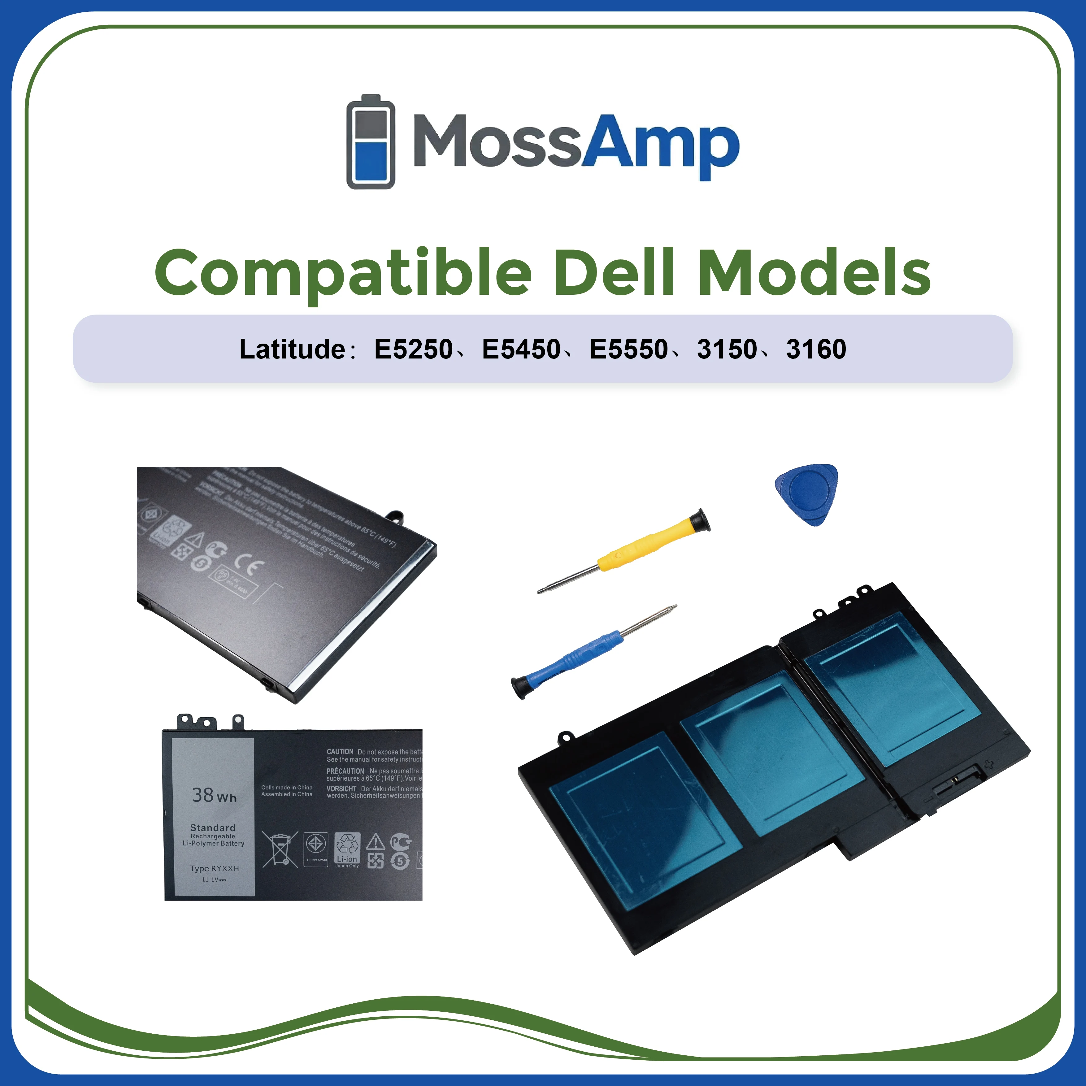 MossAmp 11.1V 38WH RYXXH Laptop Battery for Latitude 3000 5000 11 3150 3160 12 E5250 E5450 E5550 9P4D2 YD8XC 5TFCY VVXTW R5MD0