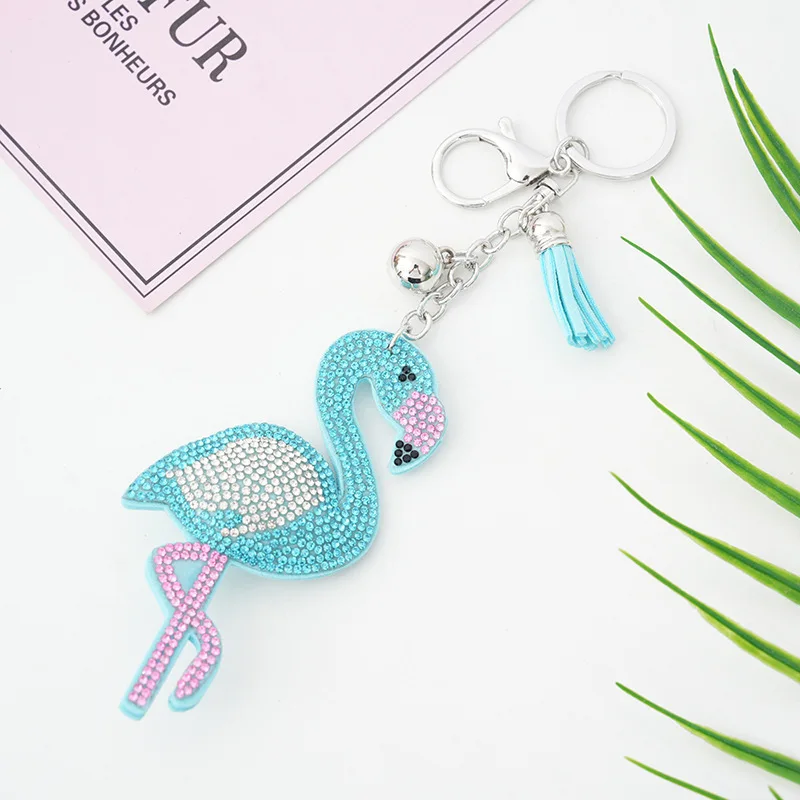 Cartoon Animal Flamingo Keychain Pendant Blue Crystal Jewellery Keychain with Metal Keyring and Tassel Wholesale Price Kid Gift