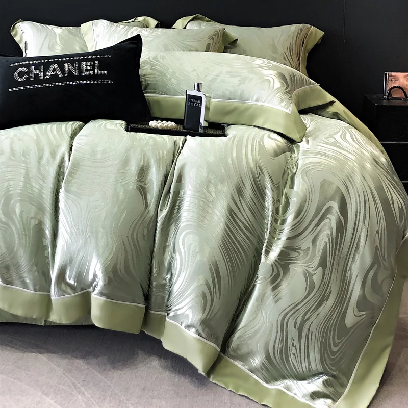 

Green Jacquard Bedding Set Luxury European Style Satin Cotton Duvet Cover Fitted Bed Sheet Pillowcases Home Textile