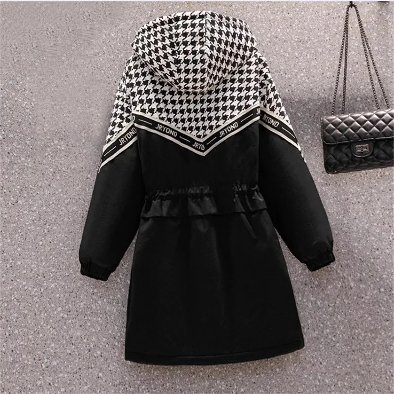 2023 Autumn Women Hooded Trench Coat Houndstooth Print Fashion Spliced Windbreaker Oversize Loose Black Long Trench Coat Female