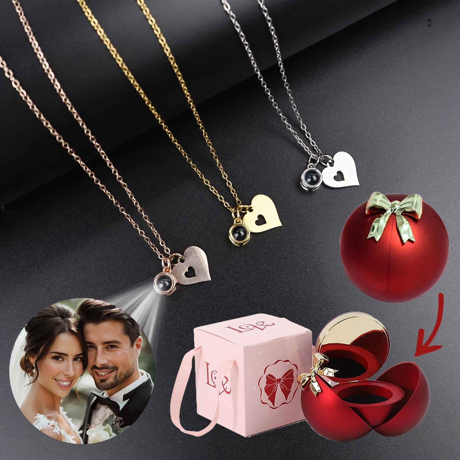 

Цветной кулон с проекцией фотографий на заказ, ожерелье, ювелирные изделия из нержавеющей стали с роскошной сферической подарочной коробкой розы для женщин, подарки для влюбленных