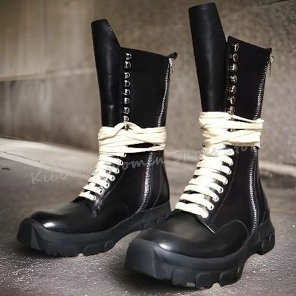 Wrap Around Tape Boots Mid Calf Genuine Leather Round Toe Height Increasing Side Zipper Solid Black Fashion Novelty Concise Men