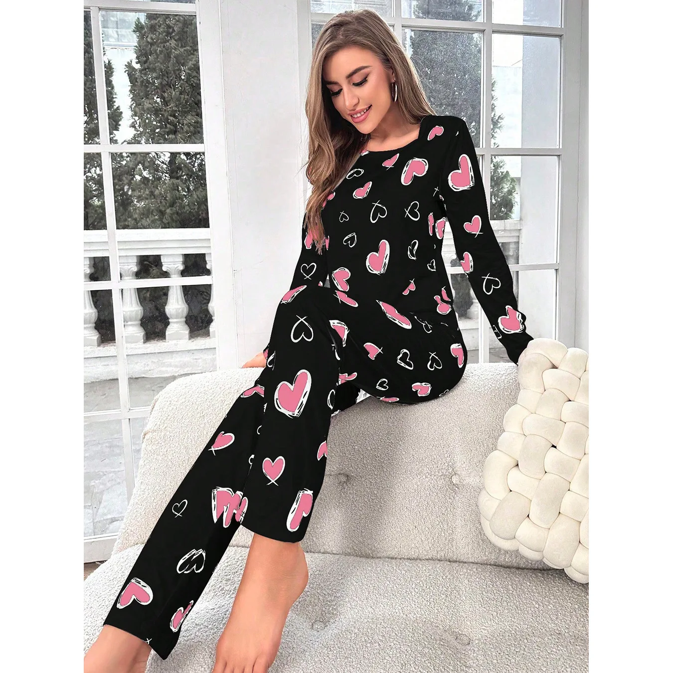 New European and American Women's Full Printed Love Print Long Sleeved Pants Set Ladies 2027 Soft Casual Nightwear Homewear