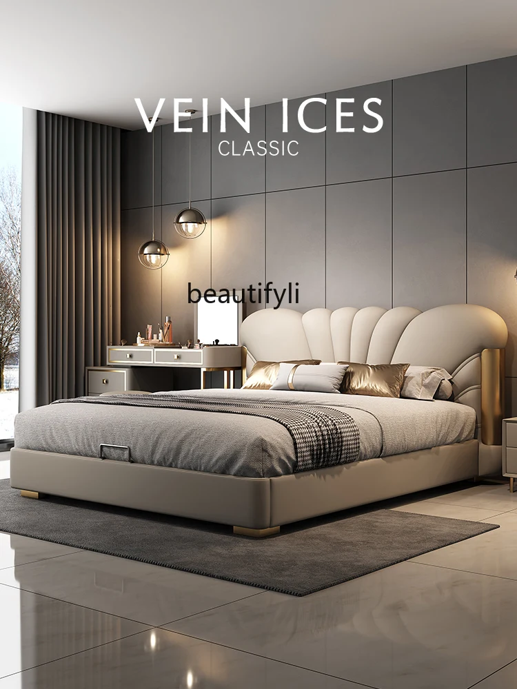 Master Bedroom Petal Leather Soft Bed French Cream Modern Light Luxury Italian High-End Luxury Villa Black