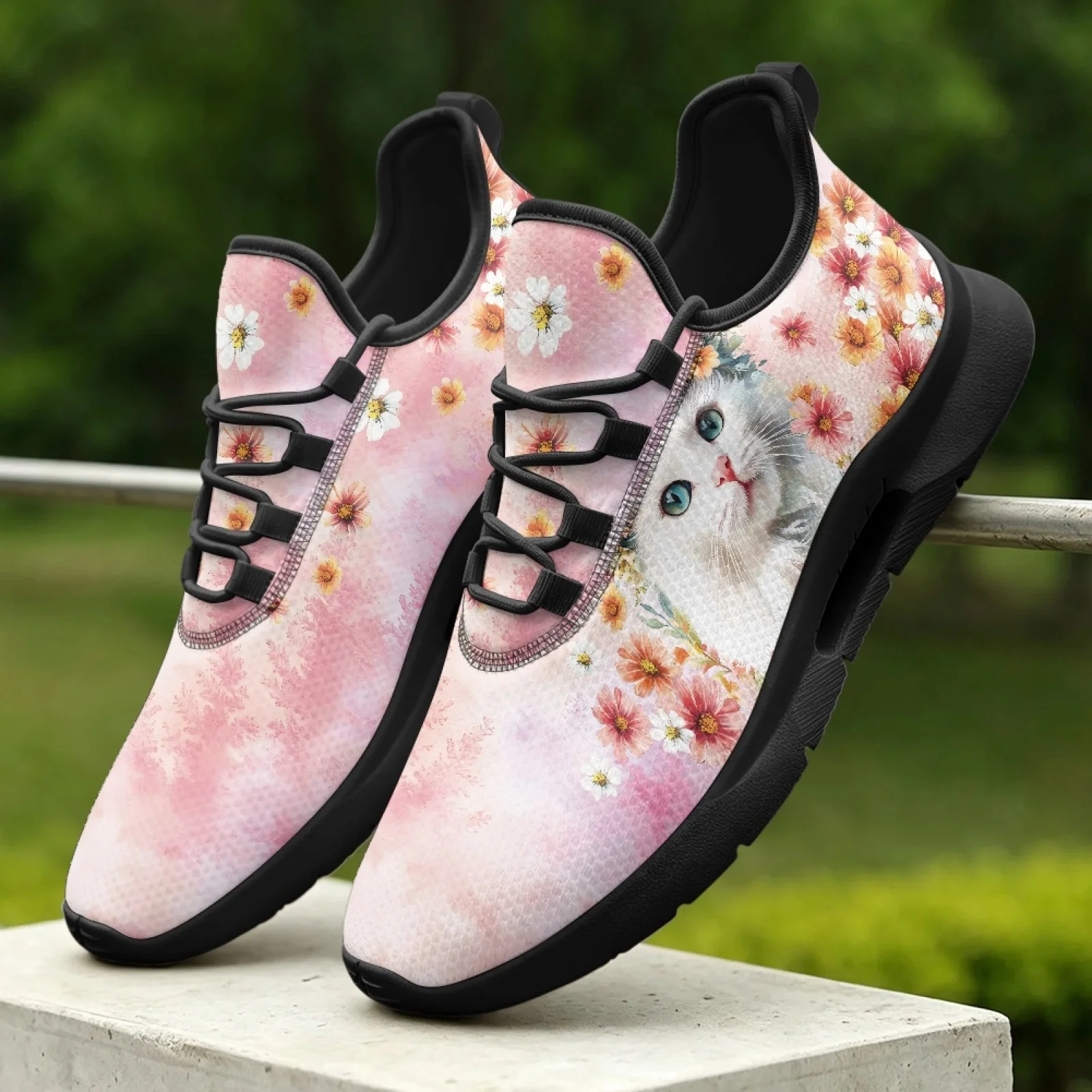 PENSTROLL Floral White Cat Print Footwear Men's Walking Shoes, Stylish Cushioned Tennis Shoes for Male Daily Work Wear