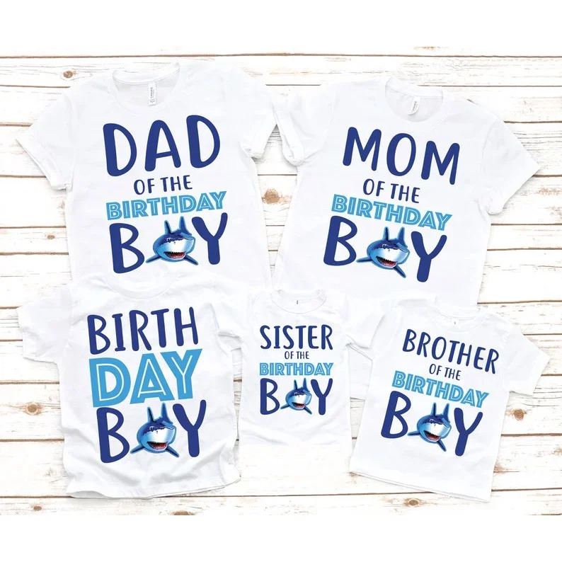 

Summer Brothers and Sisters Family Unisex T-Shirt Shark Dad Mom Kids Birthday Boy Matching Leisure T Shirt Party Clothes