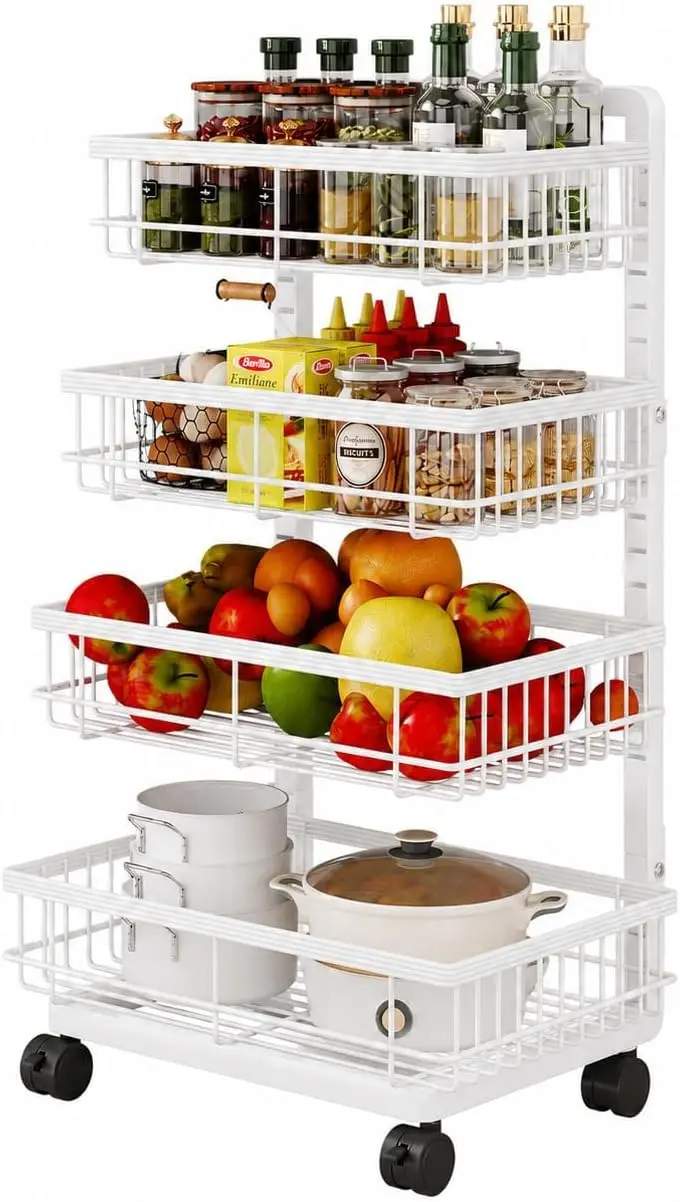 Keukenwagen op wielen, 4 niveaus, witte koolstofstaal, in hoogte verstelbaar, met uitneembare manden, als opbergoplossing, rek voor fruit en groenten, geschikt voor de keuken of badkamer.