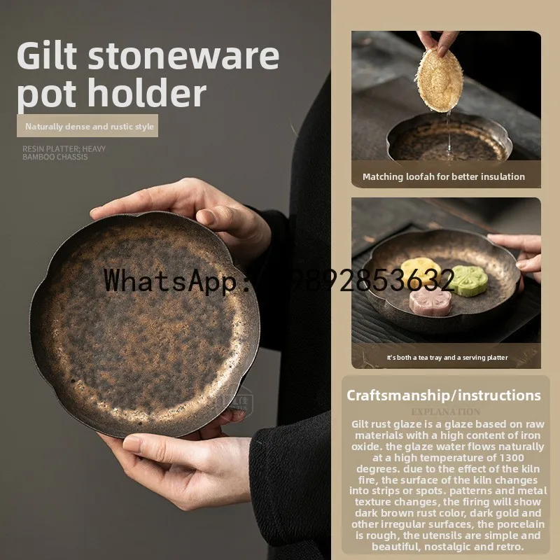 ZF Vintage Rustic Ceramic Flower-Shaped Tea Tray, Gold-Plated Household Tea Mat, Heat-Insulating Pad