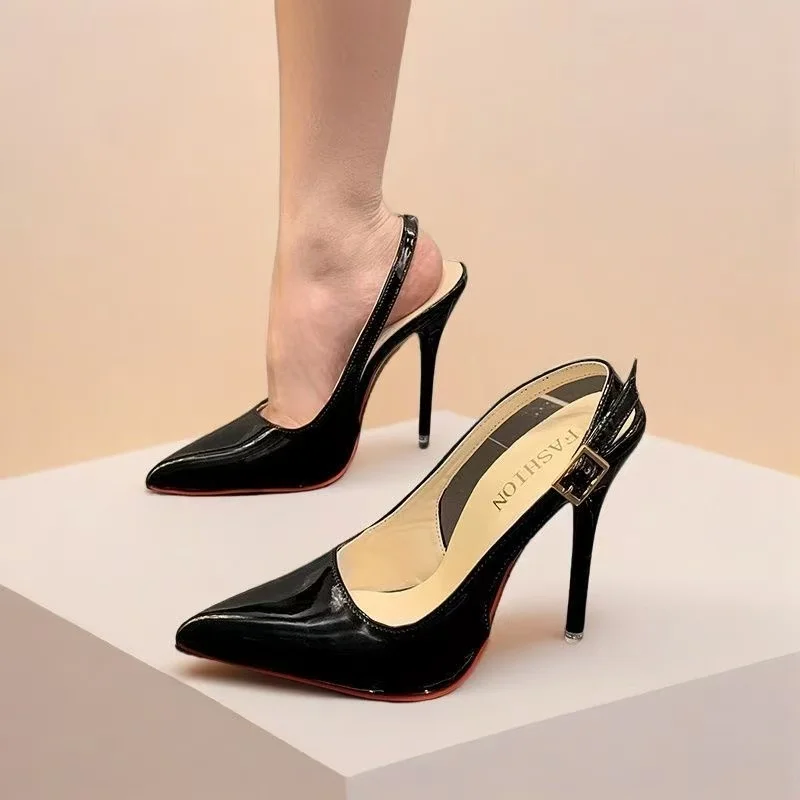 2025 New High Heels Women's Black Patent Leather Pointed Toe Low Cut Backless Sandals Thin Heel Fashionable Elegant Shoes