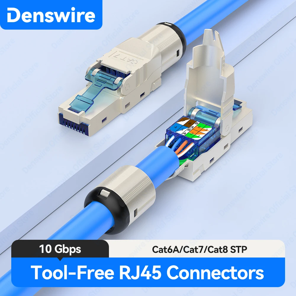 Denswire Werkzeugloser RJ45-Stecker |   STP-Ethernet-Stecker aus Zinklegierung für CAT8/Cat7/Cat6A-Kabel |   Vergoldete 10 Gbit/s und PoE-Unterstützung