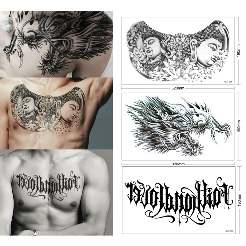 Cool Dragon Flower Buddha Temporary Tattoos Sticker in Chest Waterproof Punk Unisex Sexy Fake Letter Tattoo for Women Men Summer