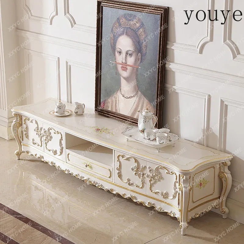 court solid wood carving flower TV cabinet villa high-end living room floor cabinet  painted gold TV cabinet