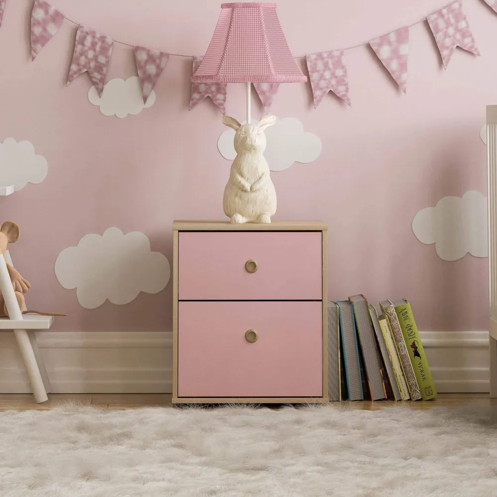 Mesita de Noche Infantil con 2 Cajones، Diseño en Rosa y Roble para Dormitorio #3