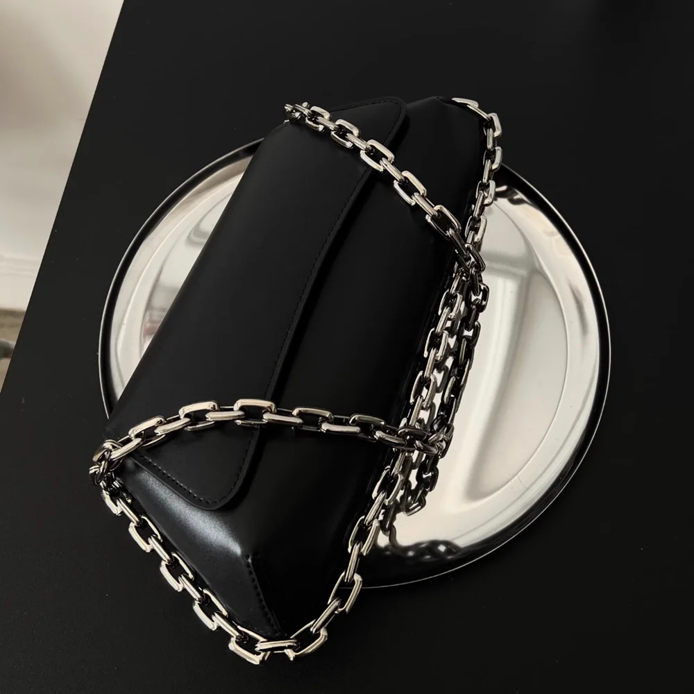 Black Fashion Thick Chain Genuine Leather Bag\\Handbag Women Real Leather Simple Lady Shoulder Crossbody Bag Baguette Bag