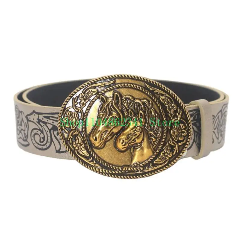 

652F Western PU Leathers Cowboy Buckle Belt for Men and Women Jeans Engraved Vintage Metal Buckle Belt