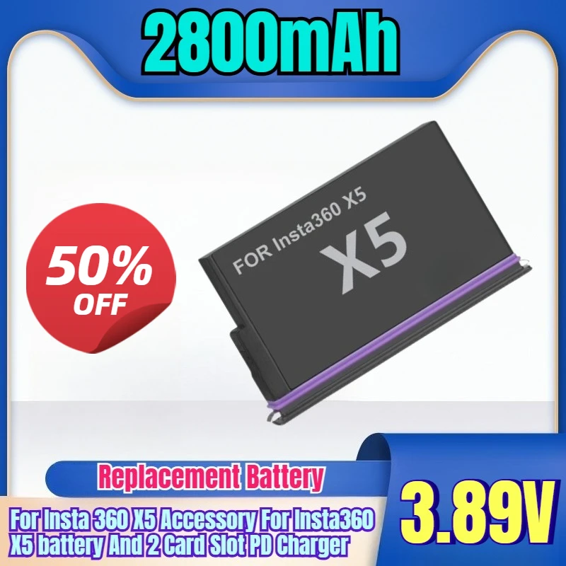 

3.89V 2800mAh Rechargeable Battery for Insta 360 X5 Accessory For Insta360 X5 battery And 2 Card Slot PD Charger