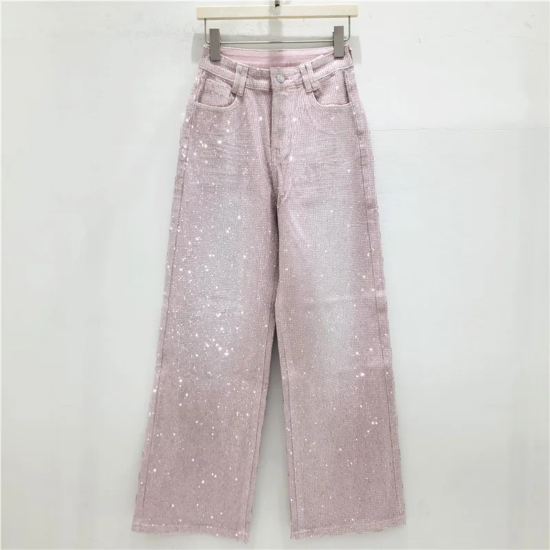 Full Diamonds Hot Drilling Women Denim Pants New Spring Autumn Shiny High Waist All-match Wide Leg Straight Jeans Floor-length