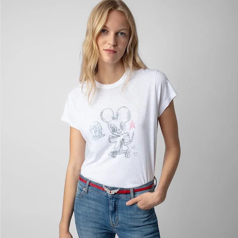 

24 Summer New French Niche ZV Skateboard Printed Cotton White Round Neck Women's Short-sleeved T-shirt