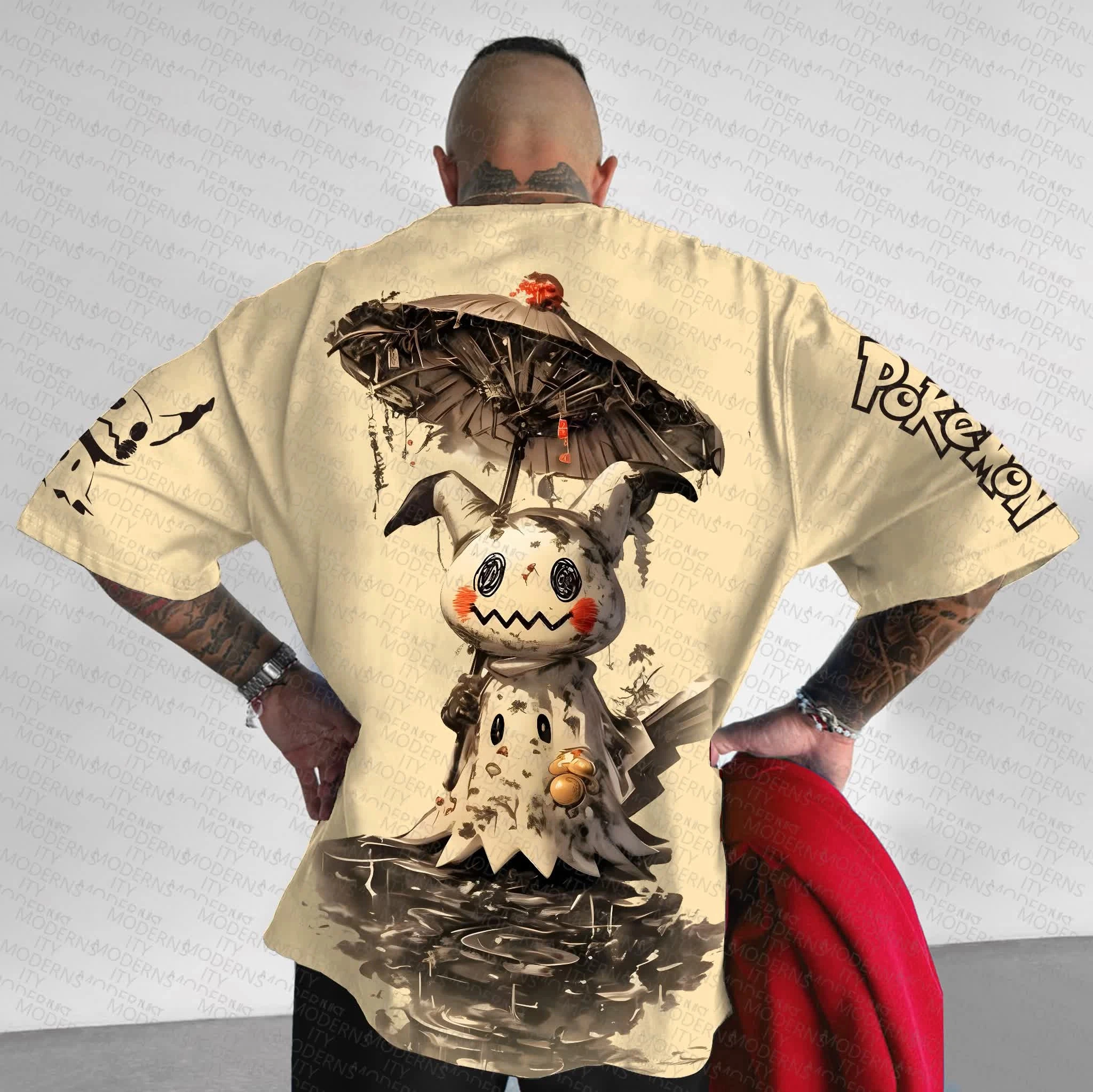 Camiseta de algodón de Pokémon para hombre y mujer, camiseta con estampado trasero de Mimikyu, manga de paraguas de papel, Logo de Pokémon, corte holgado, informal, verano 2026