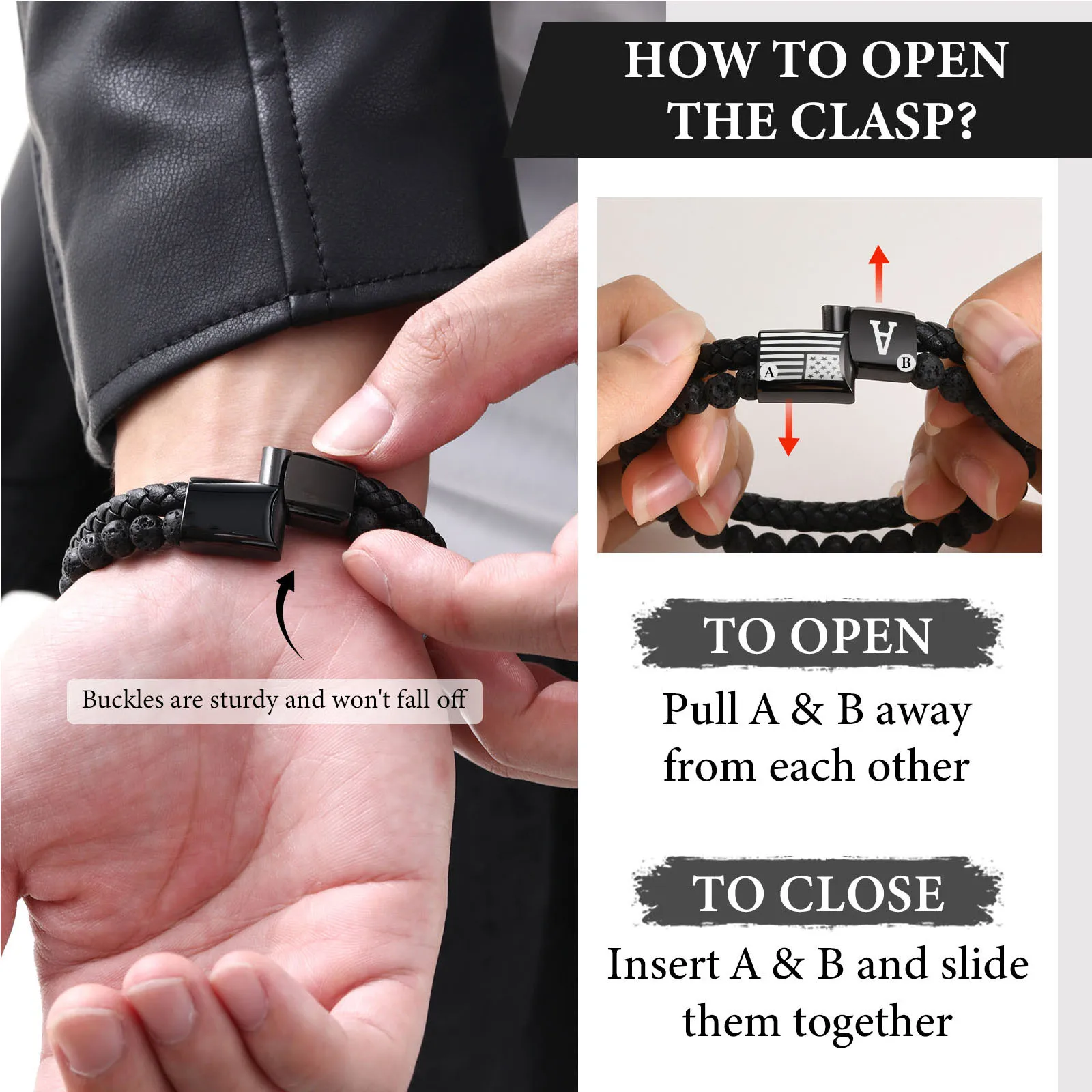 سوار رجالي مخصص من الفولاذ المقاوم للصدأ مغناطيسي من الحجر الطبيعي والجلد سوار مطرز متعدد الطبقات هدية مقدمة لصديقها