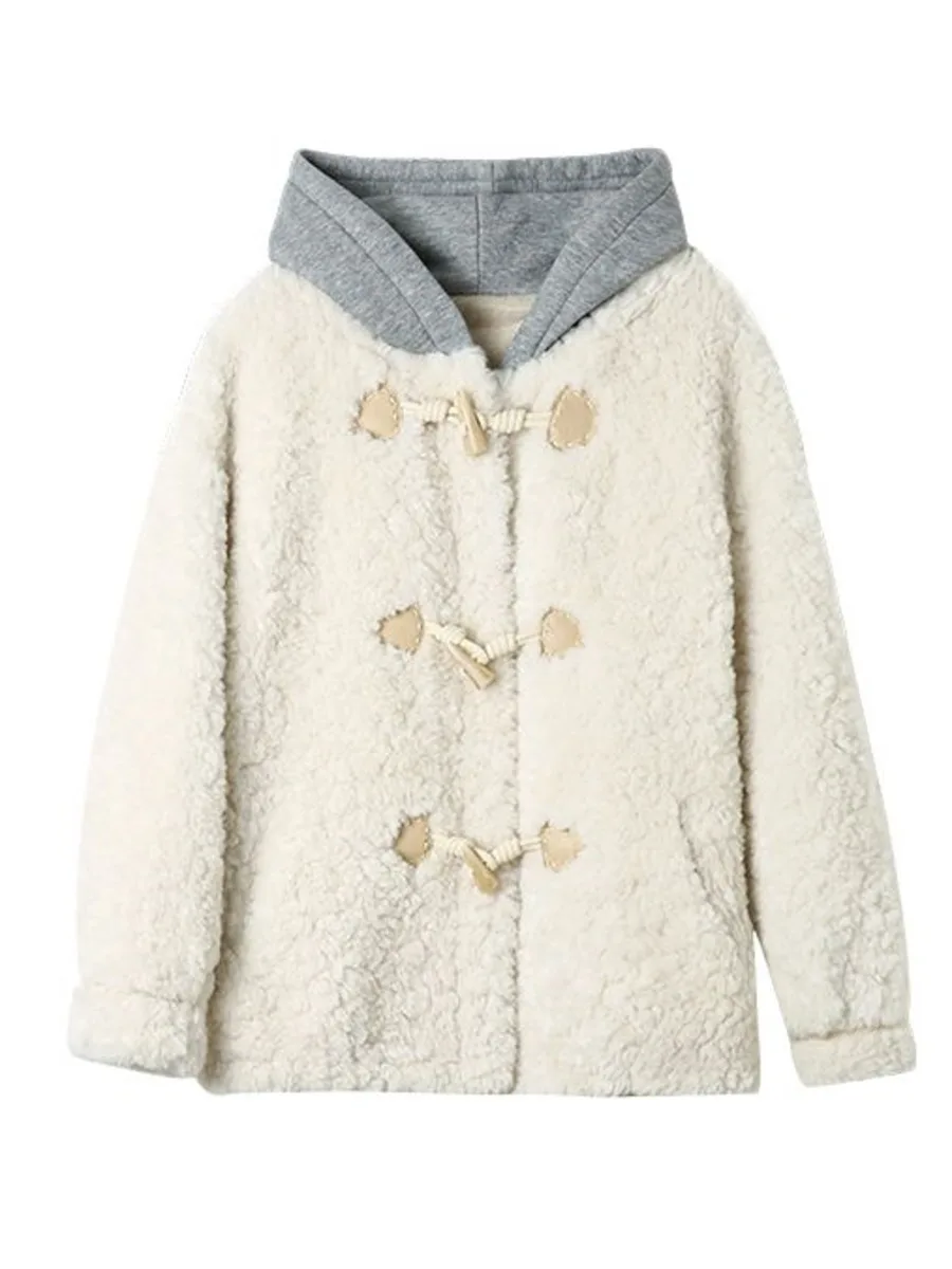 Lamb FUR Hooded Coat ผู้หญิงฤดูใบไม้ร่วงฤดูหนาวหนา WARM All-Match แฟชั่นหวาน Ulzzang Horn หัวเข็มขัด Outerwear TOP