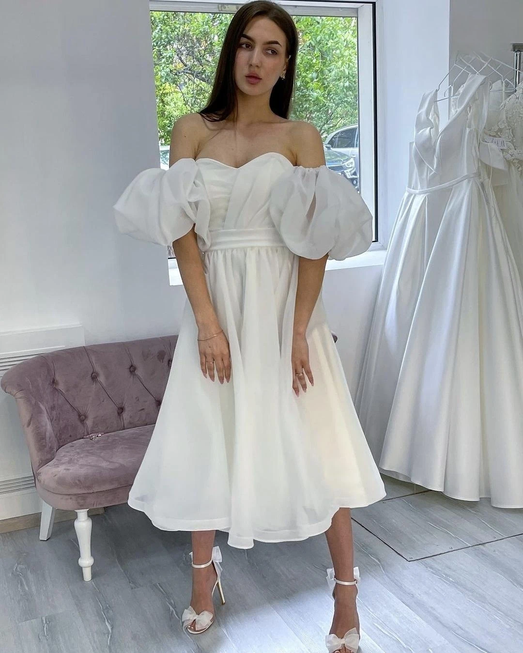 Short Puff Sleeve Wedding Dress Organza Knee Length Bridal Gowns Simple Beach Ivory Corset Back Robe De Mariee Customize Measure